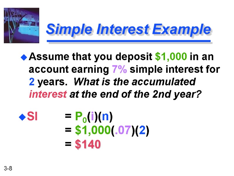 SI   = P0(i)(n)      = $1,000(.07)(2)  
